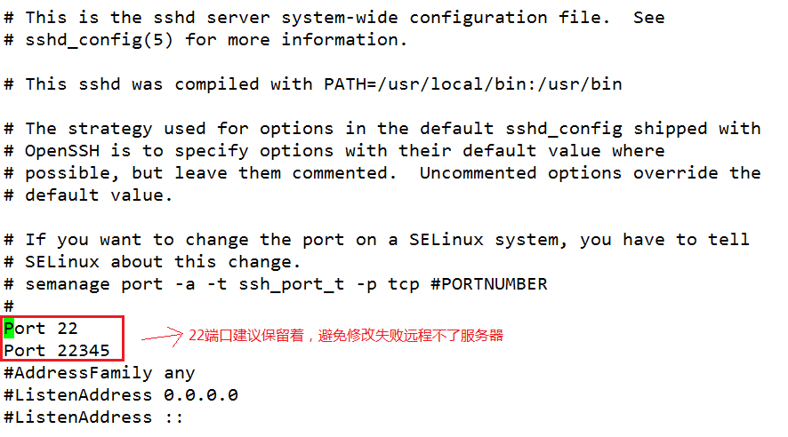 CentOS7,修改,SSH,端口,一,、,修改,ssh,配置文件,sshd,config,root@bogon,etc,二,防火墙,放行,firewall-cmd,--zone,public,--add-port,22345,tcp,--permanent,--reload,三,向,SELinux,中,添加,的,SSH,端口,先,安装,管理工具,semanage, . CentOS7修改SSH端口